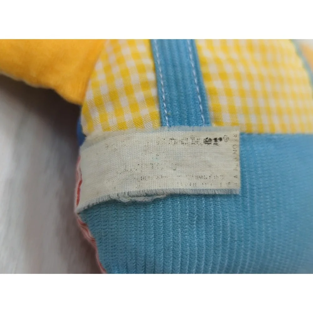 Knickerbocker yellow checked teddy bear vintage‎ plush rattle red blue overalls